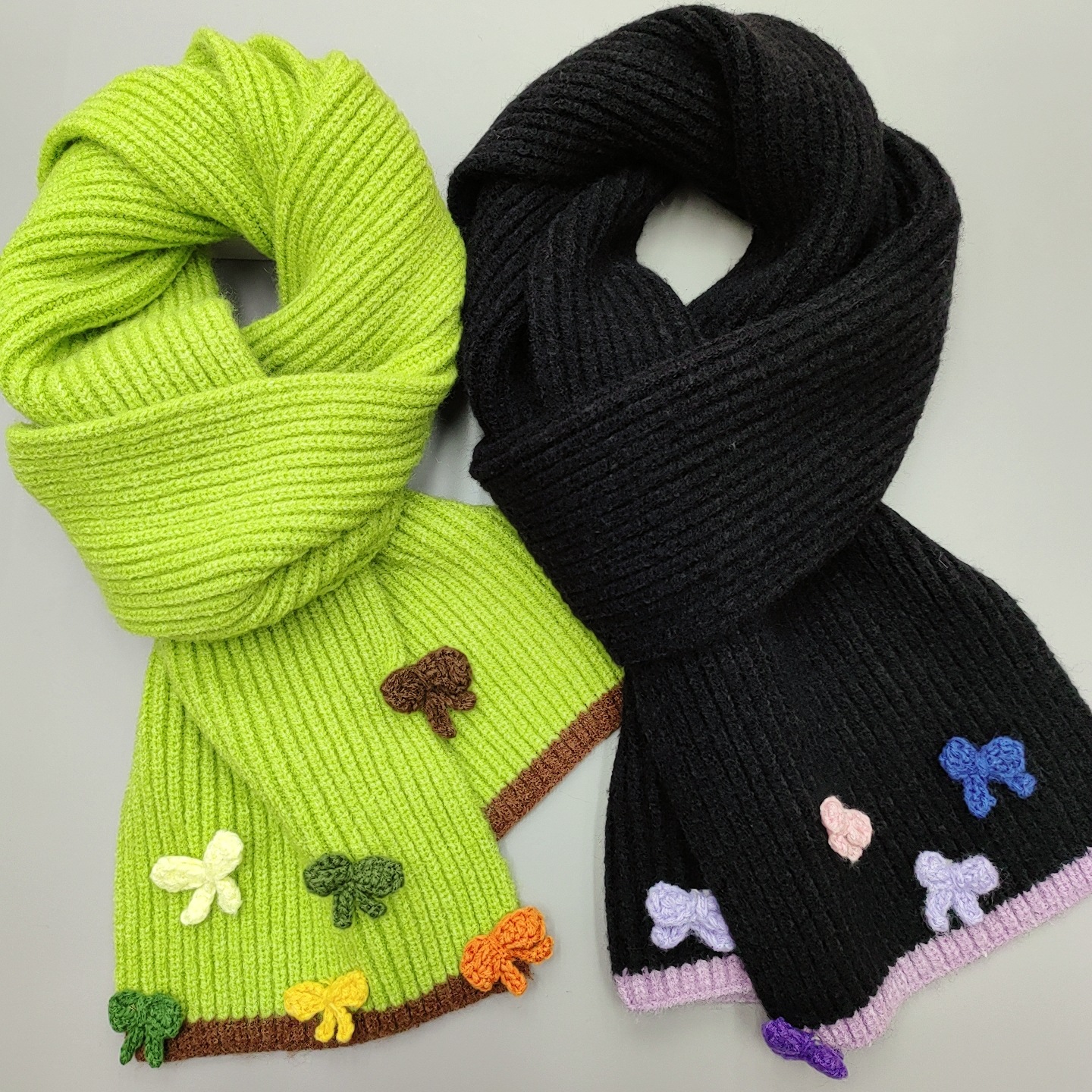The new handcrafted bow knitted scarf for women in 2024 is a perfect match for winter. It features a contrasting color edge with wool for warmth and a student trend Specification image