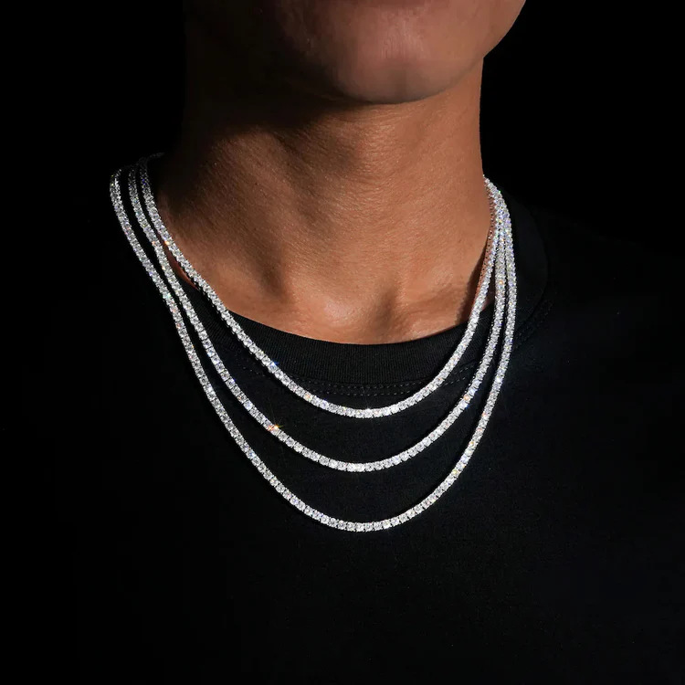 外贸热销s925银钻石网球链 欧美嘻哈饰品镶钻弹簧扣颈链个性男士