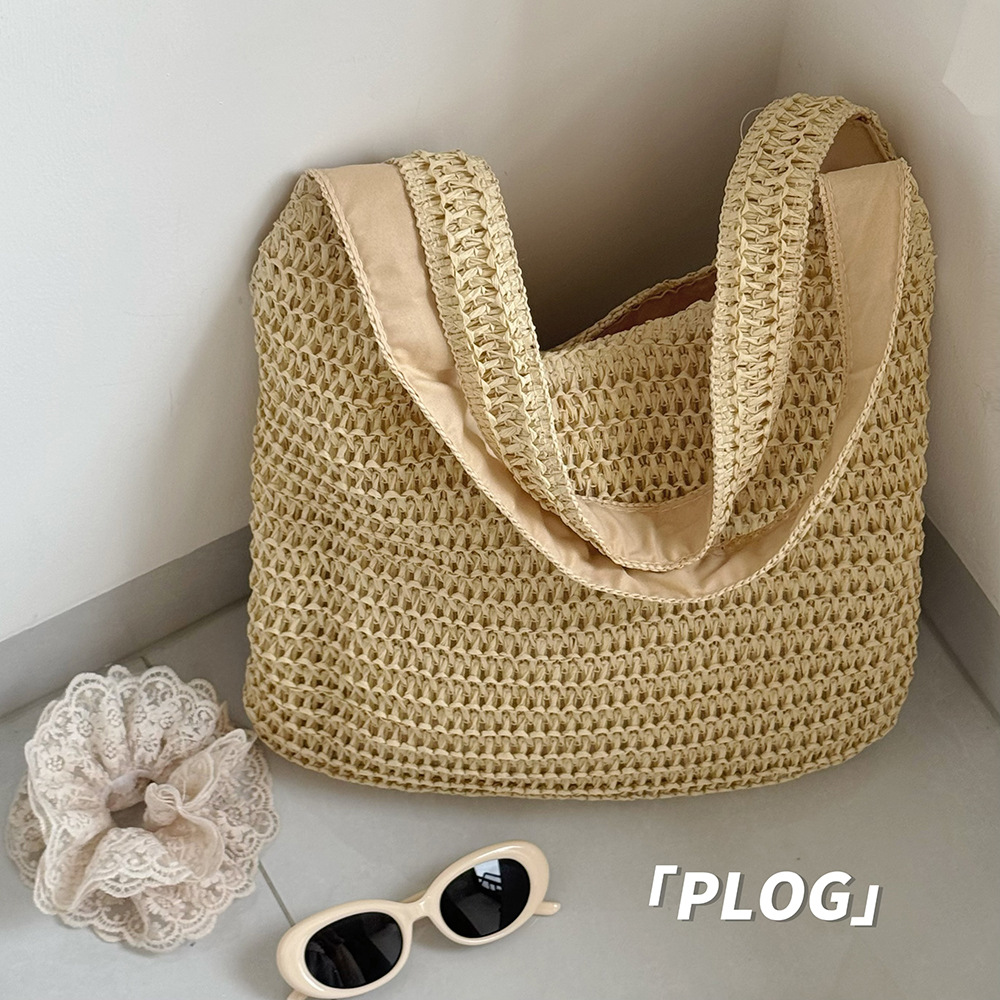 Cross-Border Straw Weaving Bag, Summer Weaving Bag, Straw Weaving Casual, Individual And Fashionable Vacation Style, Large Capacity Vacation Style Tote Single-Shoulder Bag, Women's Handmade Straw Weaving Bag details Picture