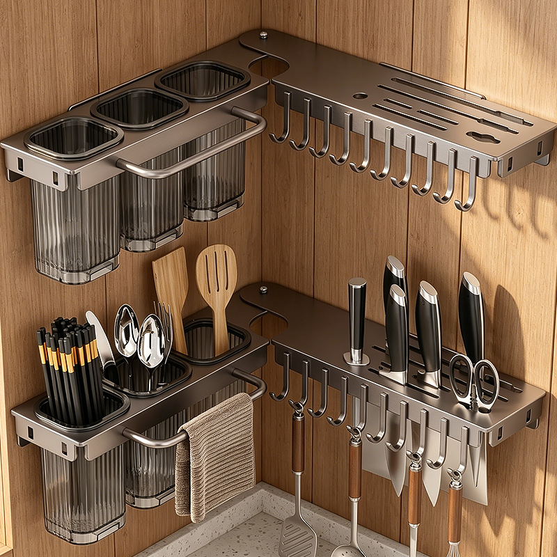 Kitchen multi-functional storage rack, knife rack, chopstick and spoon rack, rag rack, non-perforated storage rack 筷笼 wall hanging type