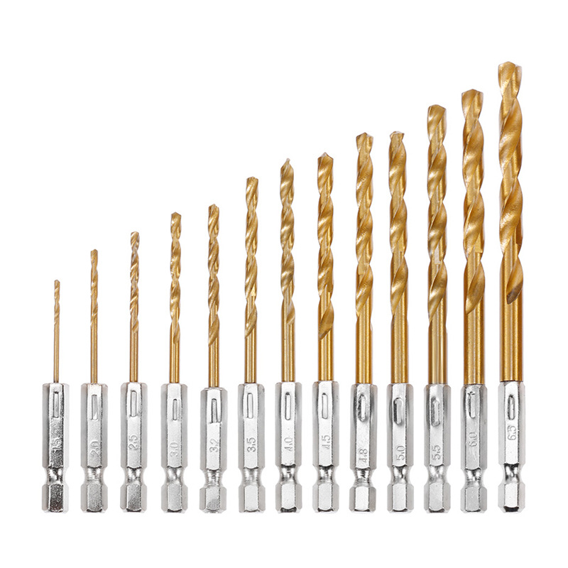13pcs hexagonal handle twist drill, high-speed steel, electric drill, wood, plastic, titanium-coated twist drill set Item Picture