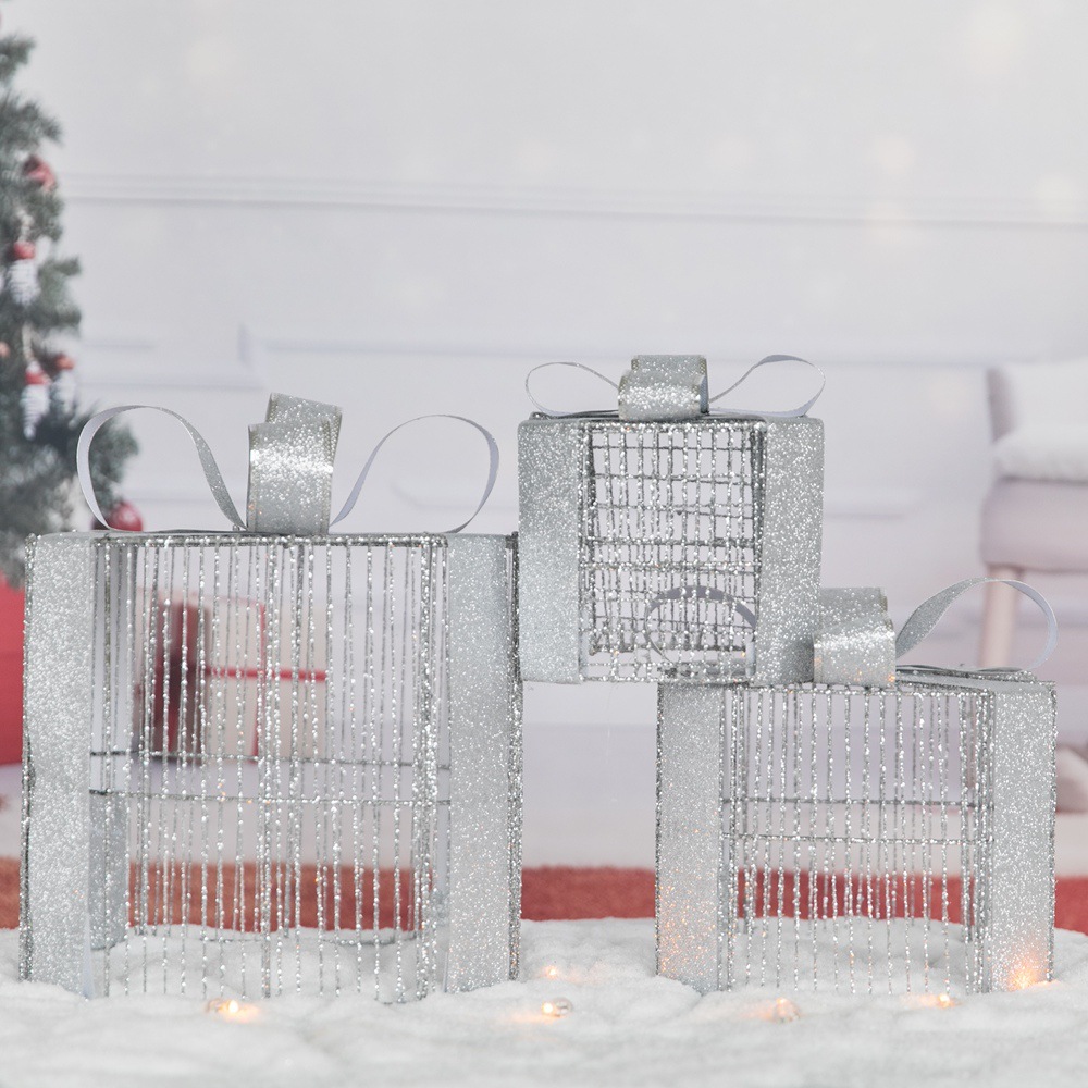 圣诞礼盒三件套铁艺发光带灯led圣诞树摆件装饰用品礼品礼物盒