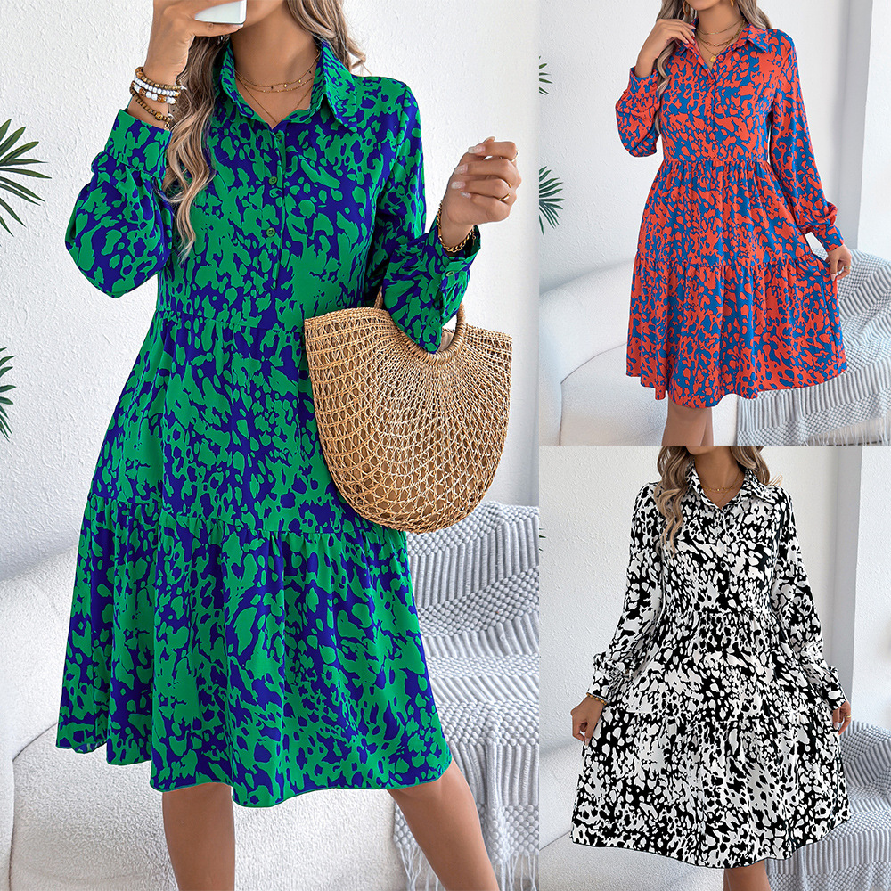 Amazon cross-border women's clothing: 2025 Autumn/Winter casual loose, color-blocking leopard print long-sleeved shirt dress from Europe and America full figure