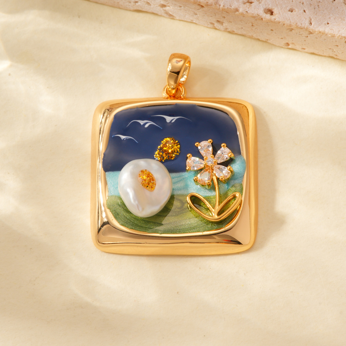 Pearl inlaid oil painting style square pendant, 18k copper gold-plated color retention high-end bracelet, necklace clasp DIY accessory details Picture