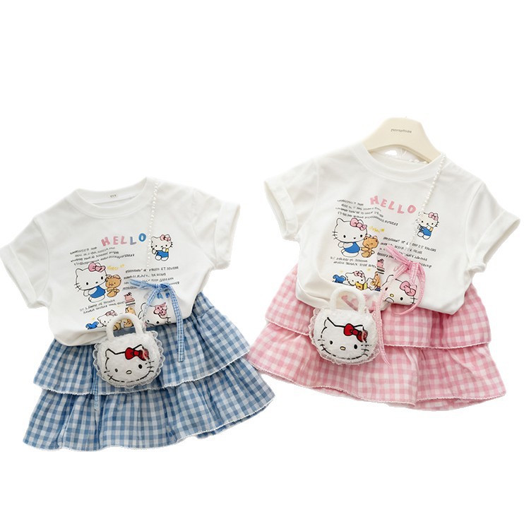 Summer girls' pure cotton short-sleeved T-shirt + skirt two-piece set, children's dress pants sweet two-piece set, baby Item Picture