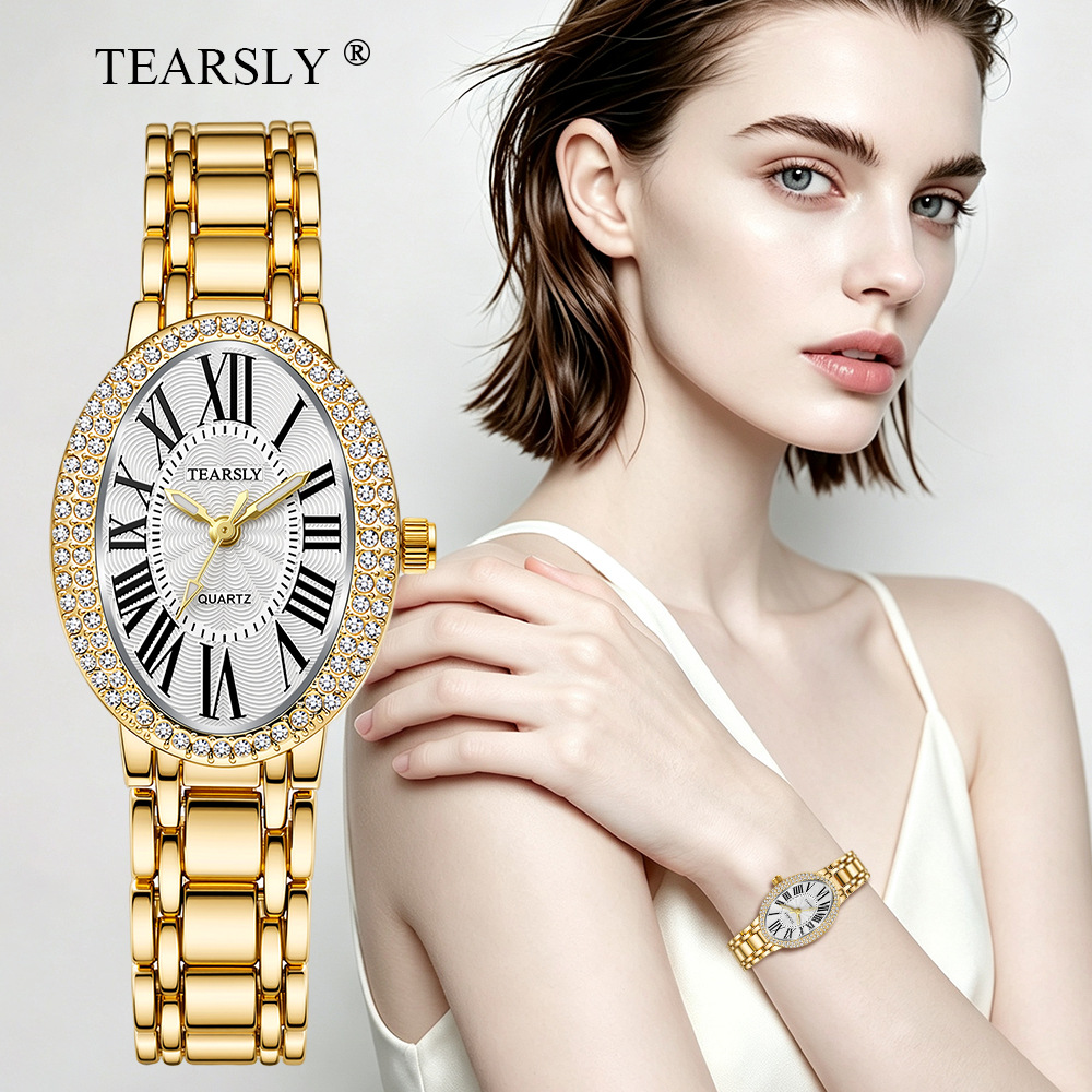 Cross-border bestseller bathtub diamond-encrusted women's watch, waterproof luminous quartz watch, new oval watch for women wholesale and customization