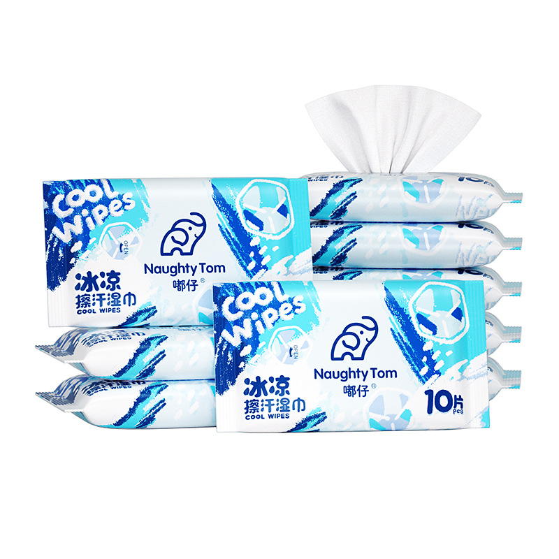 Ice-cool cooling wet wipes small pack, cool oil-removing and sweat-removing facial cleansing wet wipes for men and women, portable set Item Picture