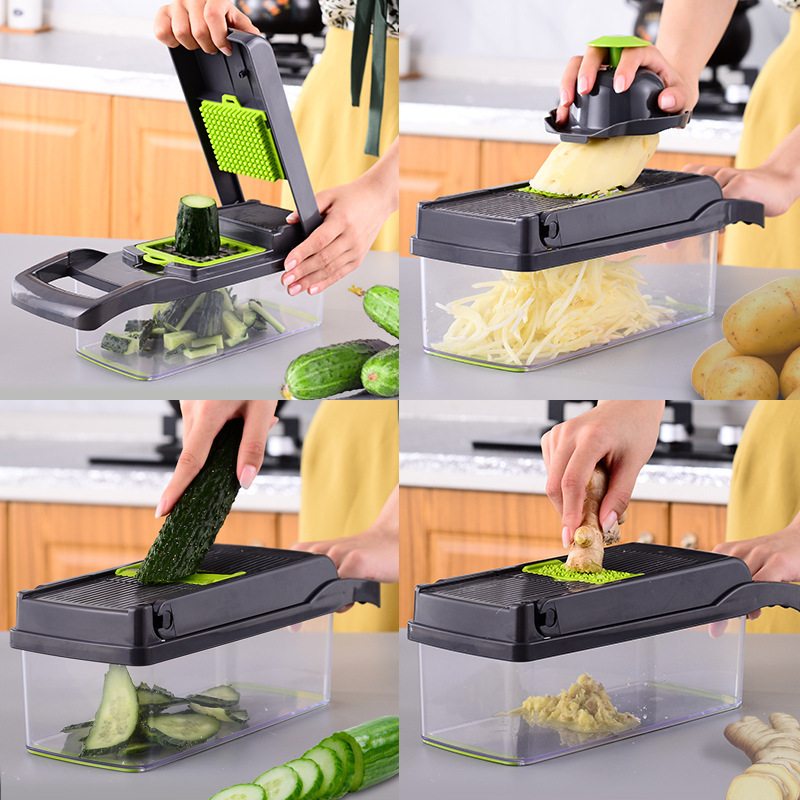 Cross-border multi-functional vegetable cutter, household food shredder, kitchen wonder 16-piece set, shredder, grater, dice cutter Application Scenario