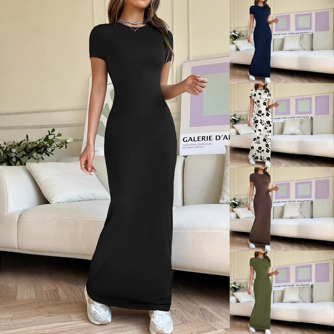New cross-border Temu Amazon European and American women's clothing 2025 Spring/Summer export solid color elegant slimming short-sleeved dress full figure