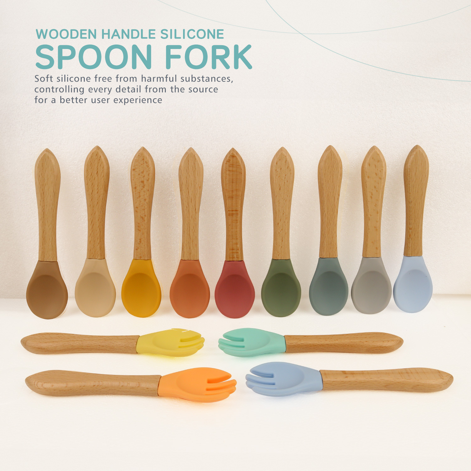 Baby wooden handle silicone spoon, newborn water feeding small spoon, children's tableware, soft spoon and fork set for complementary food, mother and baby products details Picture
