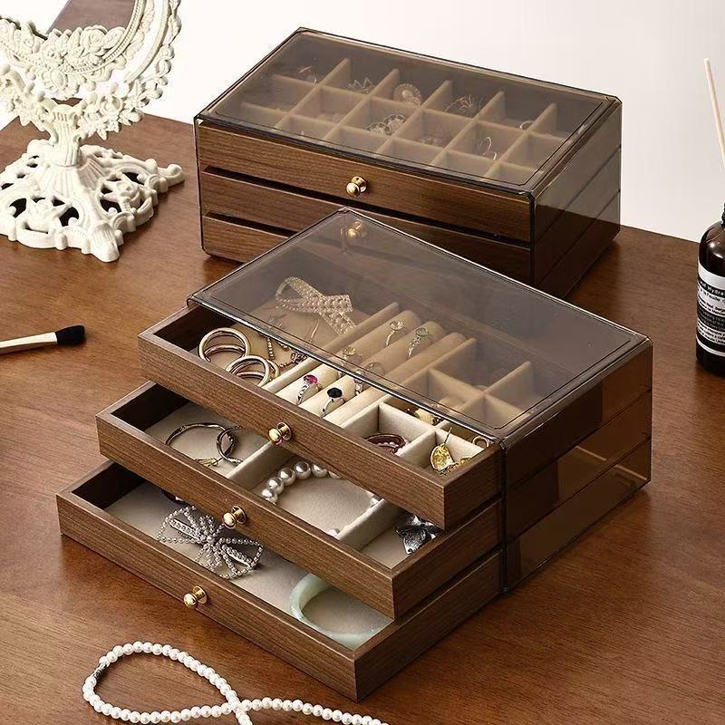 Multi-layer jewelry box, necklace, earrings, walnut wood grain, large-capacity storage box, brown acrylic jewelry box