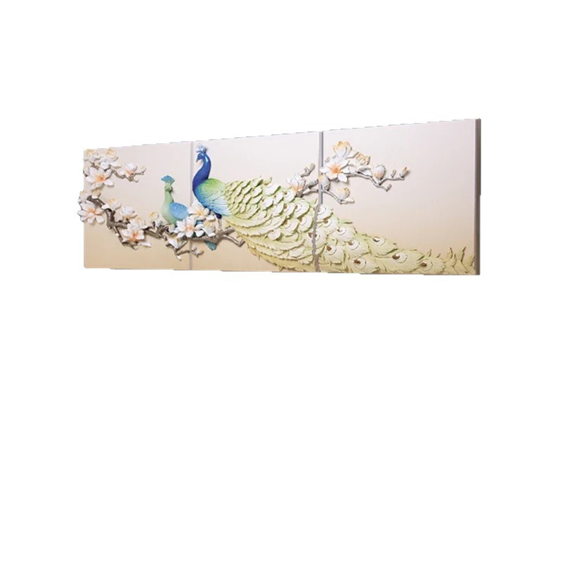 Fu escultura decoración 3D handmade tridimensional relieves pavo real tríptico moderno y simple sala de estar sofá fondo pintura decorativa de pared Item Picture