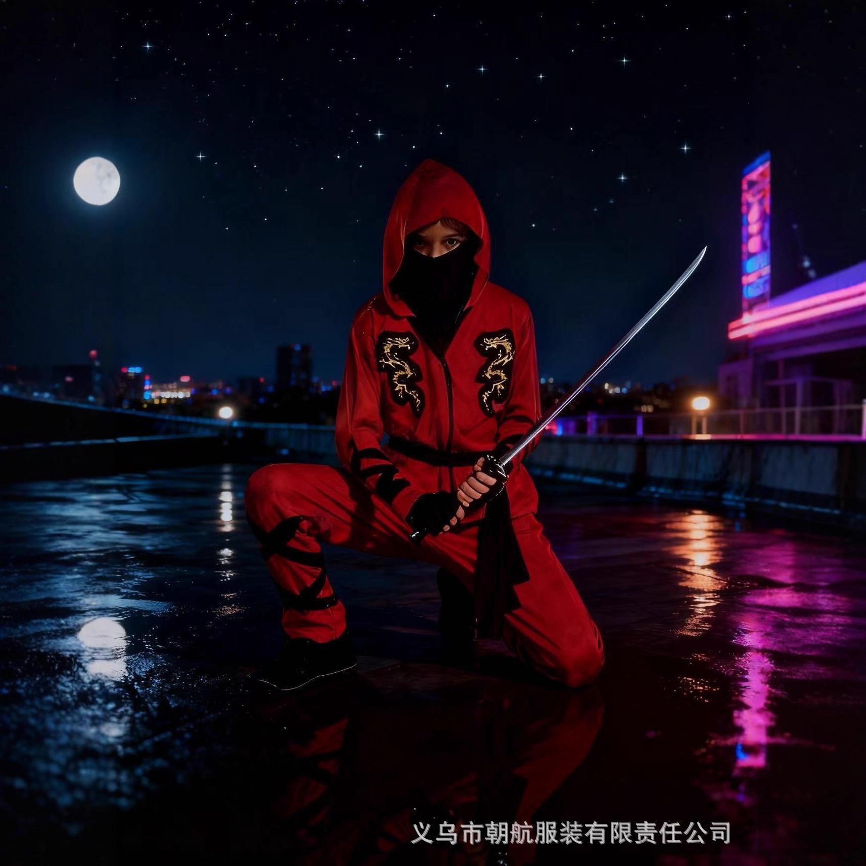 万圣节儿童忍者扮演服装Ninja日本忍者红色铠甲龙服刺客套装细节图