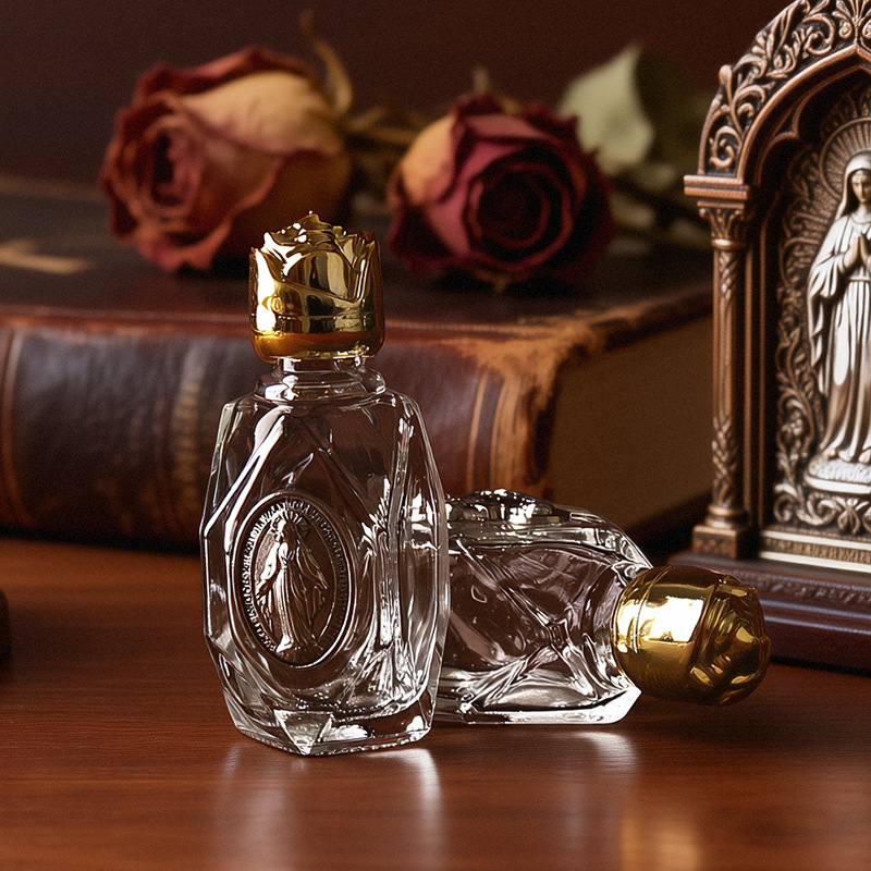 15ml diamond-shaped HolyWaterBottle, Fatima Virgin Mary Rose Lid Baptism Glass Bottle details Picture