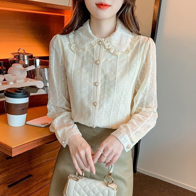 洋气蕾丝雪纺衫女长袖2025秋冬新款加绒加厚打底衫木耳边翻领衬衫产品图