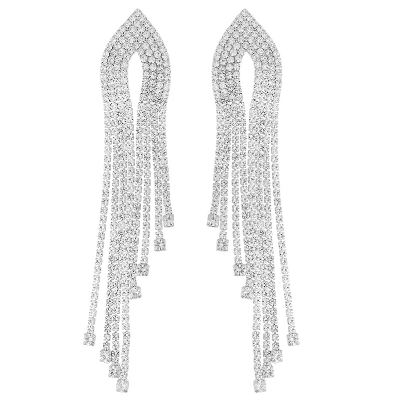 New cross-border green diamond long tassel earrings from Europe and America, exaggerated and luxurious water diamond earrings, women's long earrings, fashionable accessories Item Picture