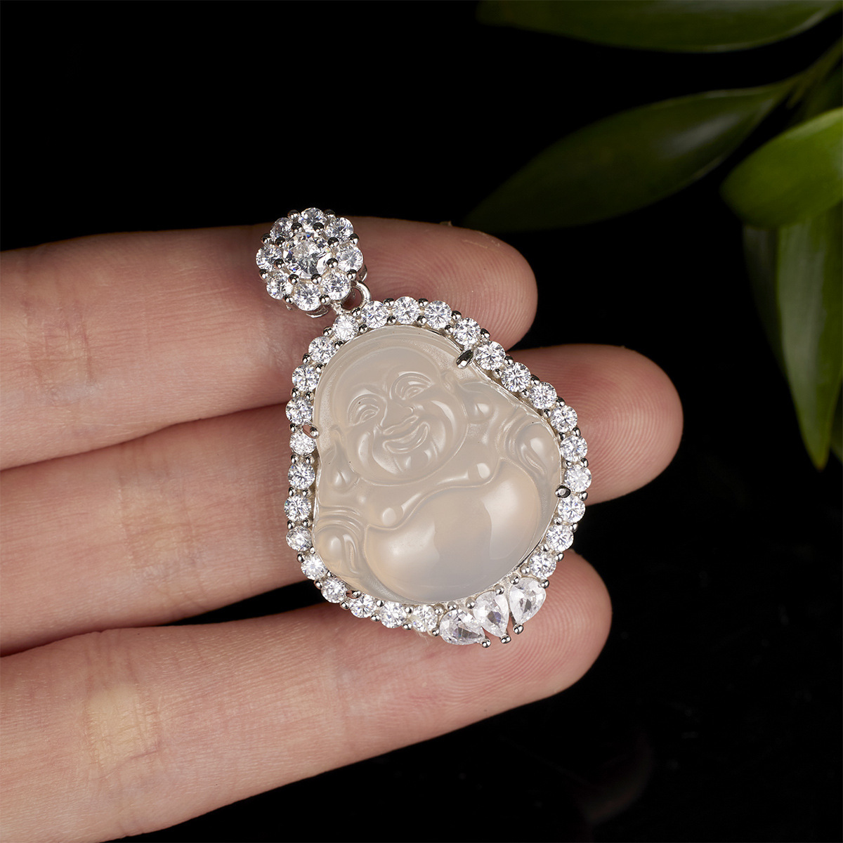 S925 silver inlaid with ice-type white chalcedine, large-bellied Buddha pendant full of diamonds, Chinese trend style Maitreya Buddha sweater chain necklace for women Application Scenario