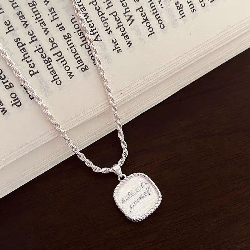 Korean S925 sterling silver square pendant necklace, women's collarbone chain, water wave chain, ins niche design, high-end and light luxury Specification image