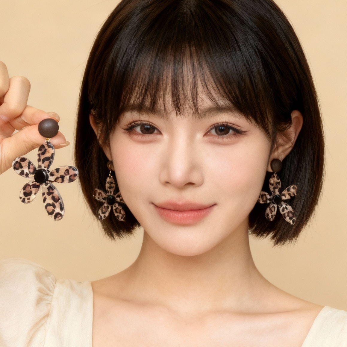 欧美树脂晕染豹纹几何花朵银针耳环美拉德复古气质高级感小众耳饰