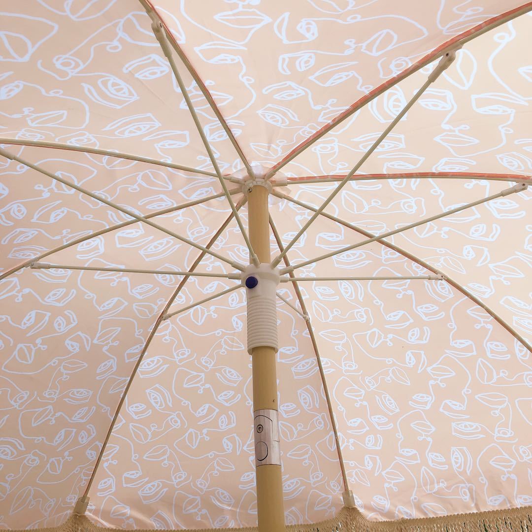 户外2米 流苏涤纶木色伞沙滩伞高品质印花休闲庭院装饰伞防风防雨产品图