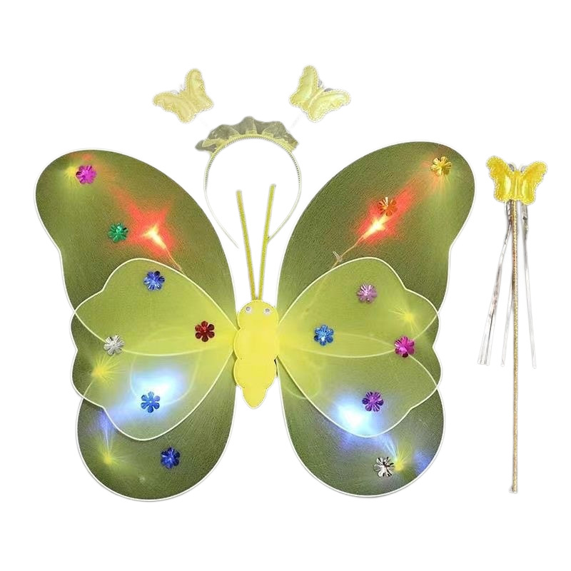 Butterfly wing three-piece set back decoration: Children flapping the little girl's wings to shine, flapping the catwalk performance stick, double-layer performance Item Picture
