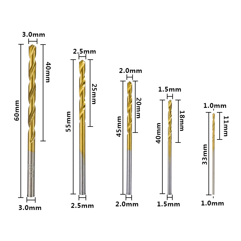 Factory direct sales of 50 sets of titanium-coated twist drill bits for wood and plastic drilling tools, straight handle woodworking twist drills Specification drawing