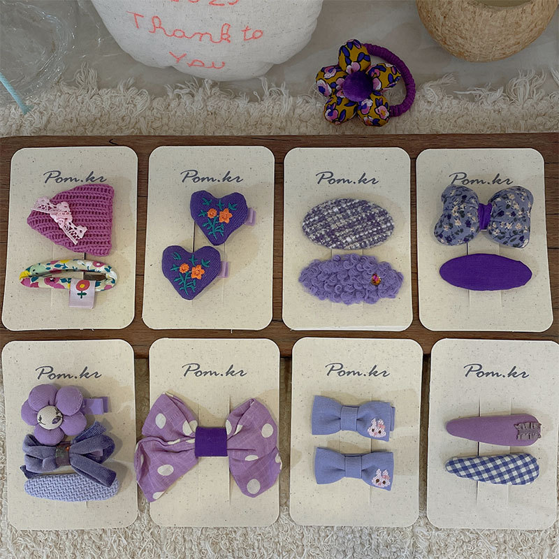 pom.kr Korean version purple fabric handmade children's bye-bye clip retro knitted embroidered flower duck clip headwear for women details Picture