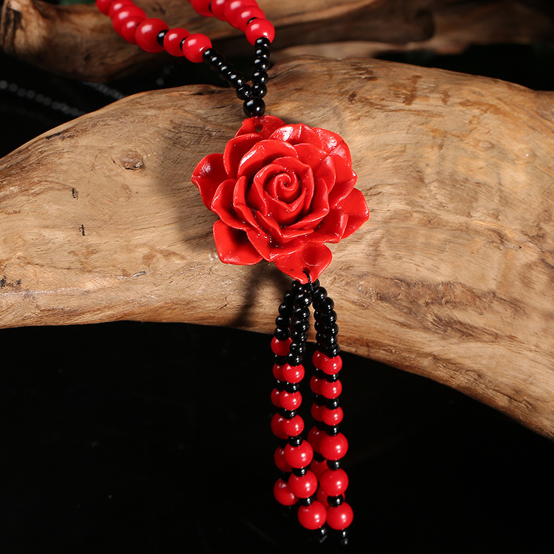 新款配饰长项链山茶花流苏琉璃吊坠复古民族风朱砂项链女饰品项饰