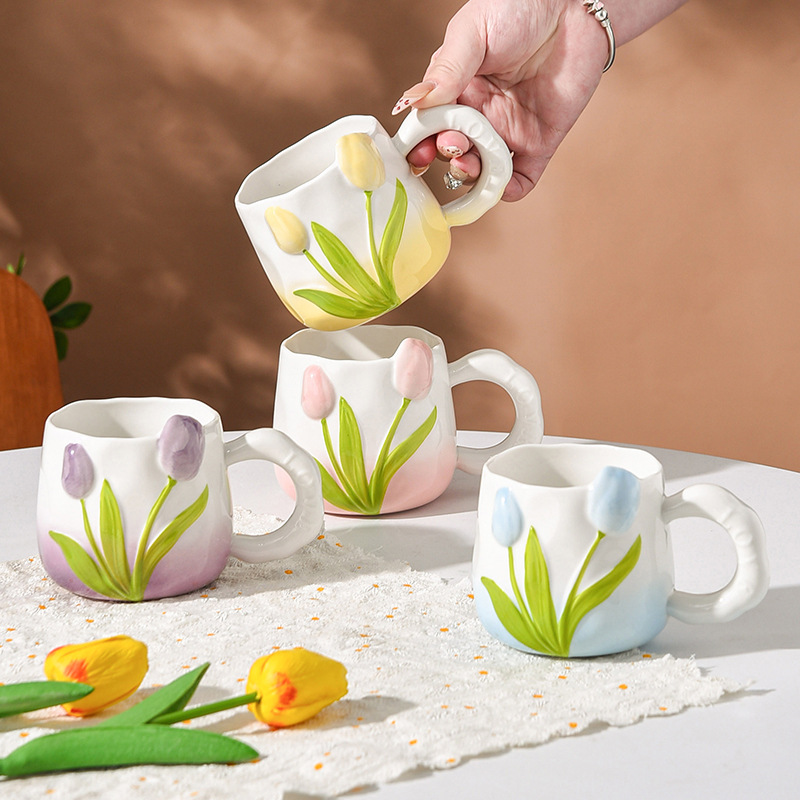 手绘陶瓷杯立体浮雕水杯郁金香杯子花朵马克杯带把手闺蜜杯伴手礼