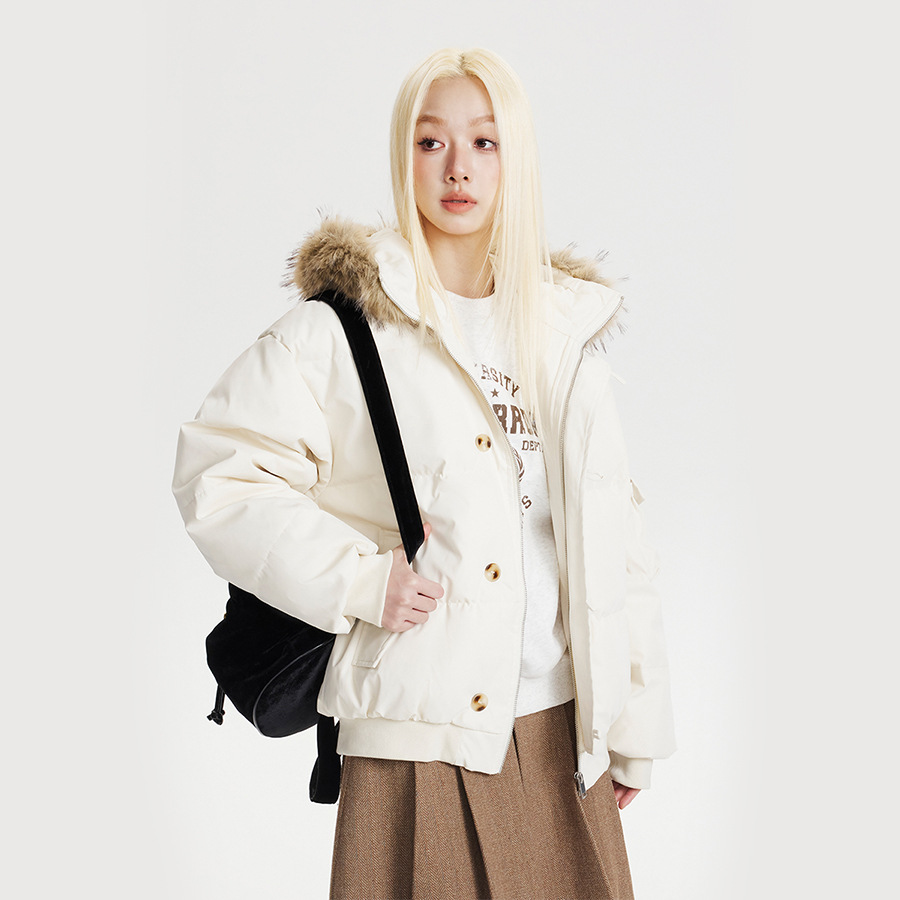 CATTEE American retro 90 white duck down collar hooded down jacket for men and women, a trend of short coats for winter warmth and warmth Specification image