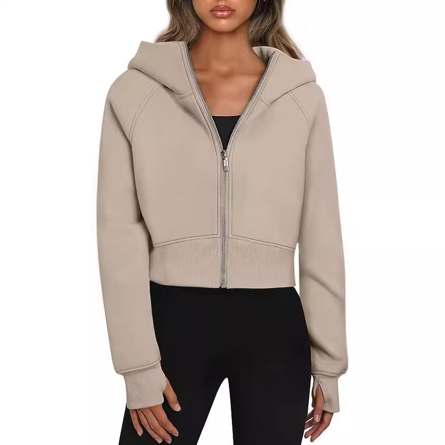 2025 European and American cross-border women's clothing Amazon hooded zipper short casual fleece long-sleeved sweatshirt Item Picture