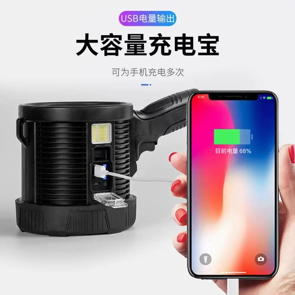 Cross-border high-intensity searchlight, hiking rechargeable solar flashlight, detection lamp, red, blue and yellow flashing, bracket-type portable lamp Application Scenario