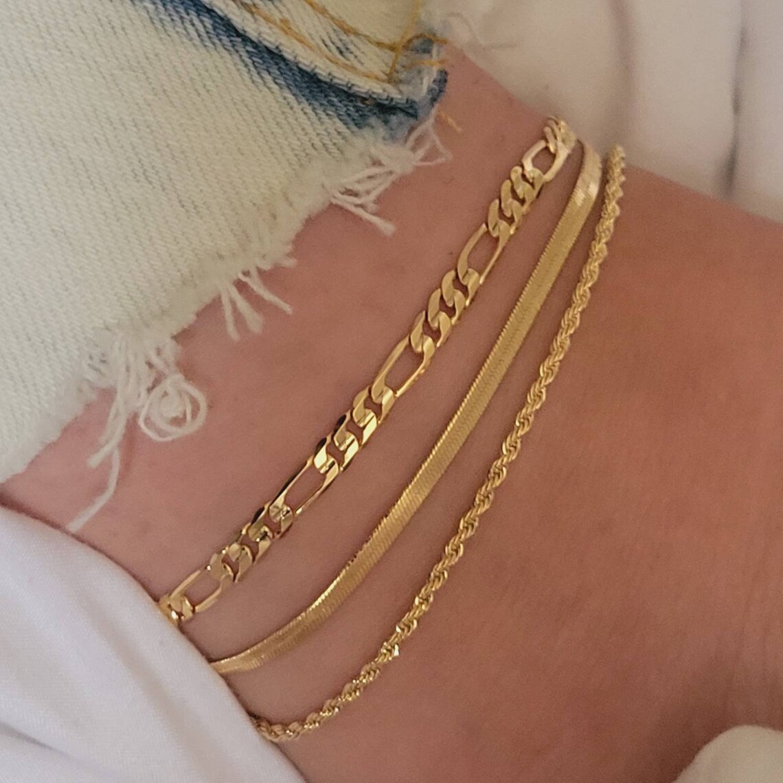 A three-piece set of Bohemian-style flat snake chain and twist chain for women's summer beach multi-layer ankle chain from Europe and America details Picture