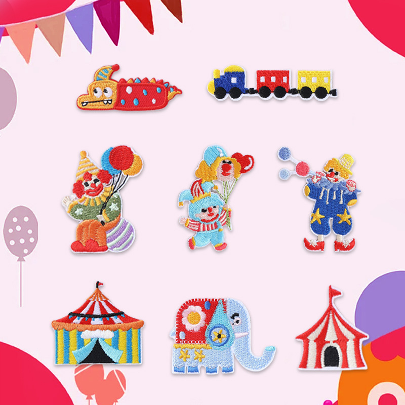 Circus cartoon clown elephant embroidery cloth label stamp, children's clothing accessories, accessories, self-adhesive patch