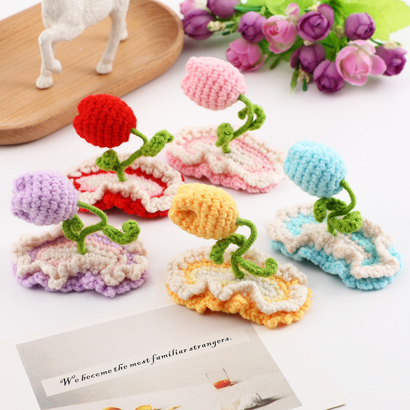 卡通立体花朵装饰发卡 手工编织棉线花骨朵发夹 装饰碎发夹批发