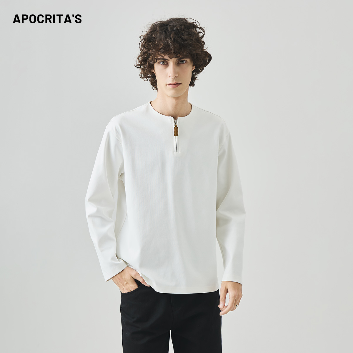 APO男装|跨境男士长袖T恤轻奢高级感宽松半拉链纯色休闲内搭上衣