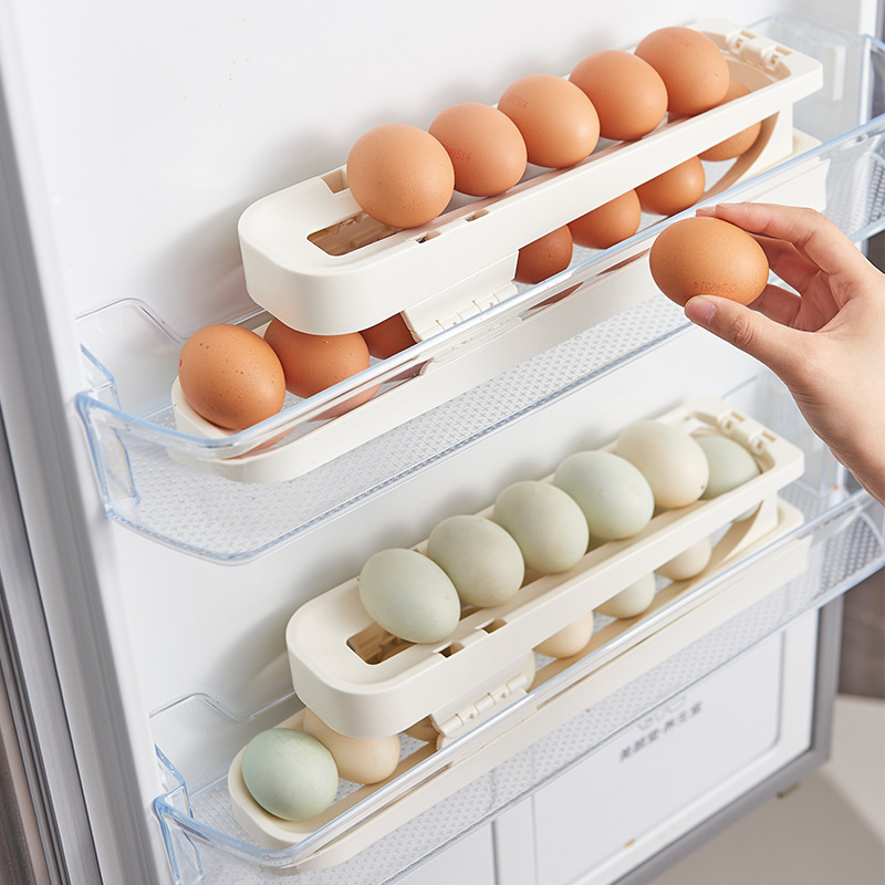 Folding rolling egg rack, refrigerator side door storage, egg tray, kitchen organization, safe storage wonder, egg compartment Specification image