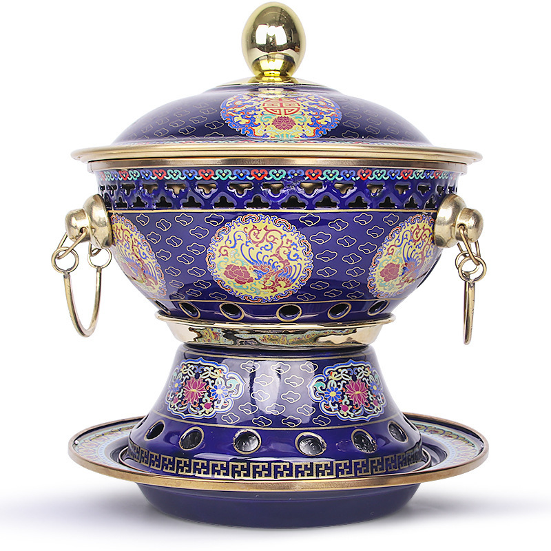 景泰蓝火锅老北京铜火锅家用涮羊肉火锅小火锅炉酒精锅白底实物图