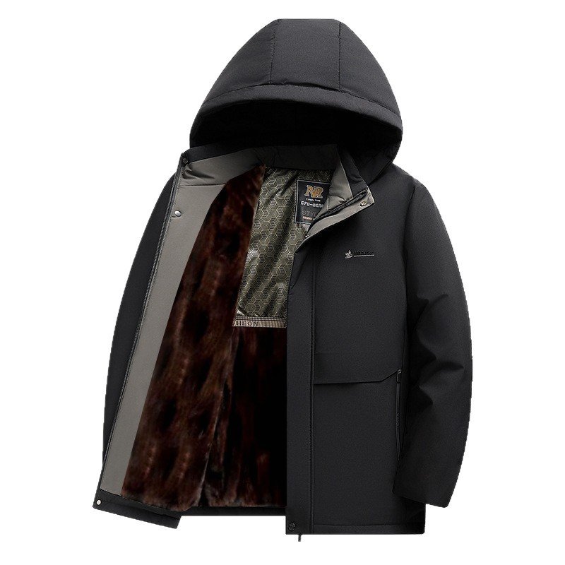 棉服男士中年爸冬装上衣加绒加厚连帽棉衣保暖父亲棉袄外套
