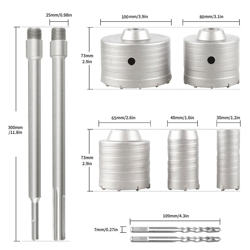 9-piece set of wall hole opener, electric hammer drill bit, square handle, round handle, hard alloy brick wall hole opener, air conditioning water pipe hole opener Application Scenario