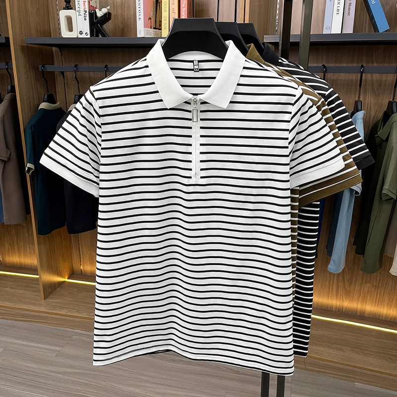 Summer new striped men's T-shirt, half-zipper short-sleeved Polo shirt, lapel thin cotton T-shirt, cross-border trade men's clothing Application Scenario