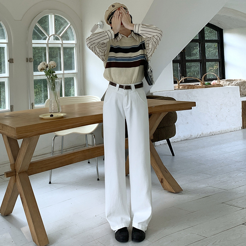 American retro straight-leg jeans for women's summer and autumn 2024 new style, petite high-waisted loose wide-leg floor-length jeans for women details Picture