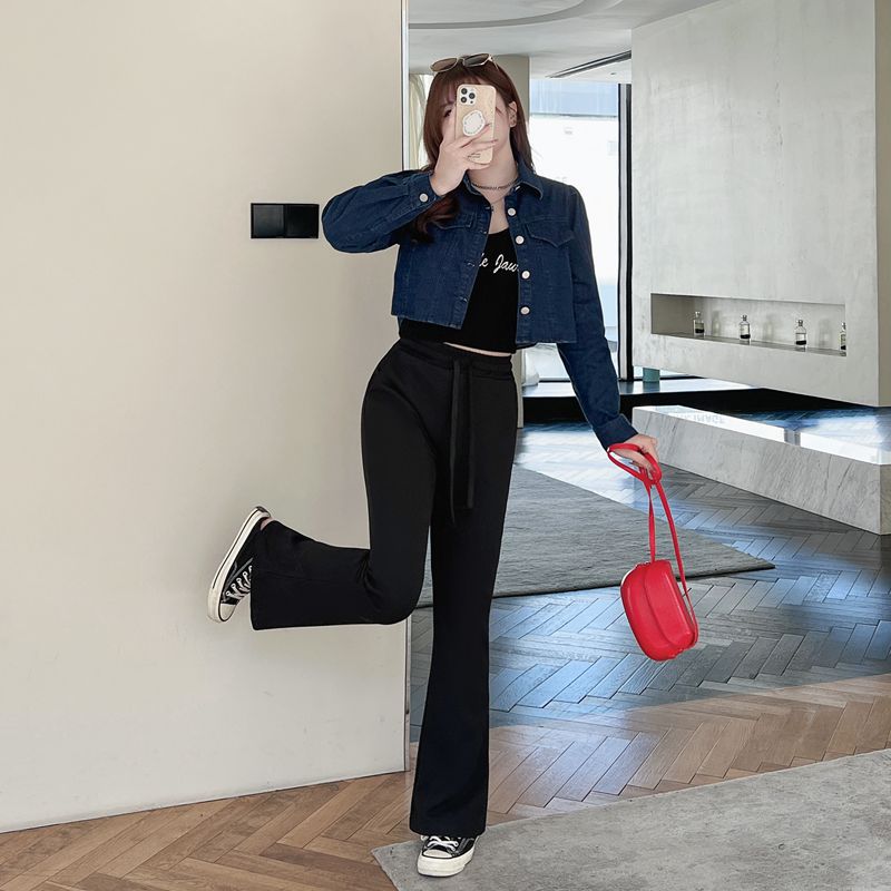 Runqi N8658 Extra-large leg slimming cut micro flared floor-length stretch Little black Pants wholesale large-sized women's long pants details Picture