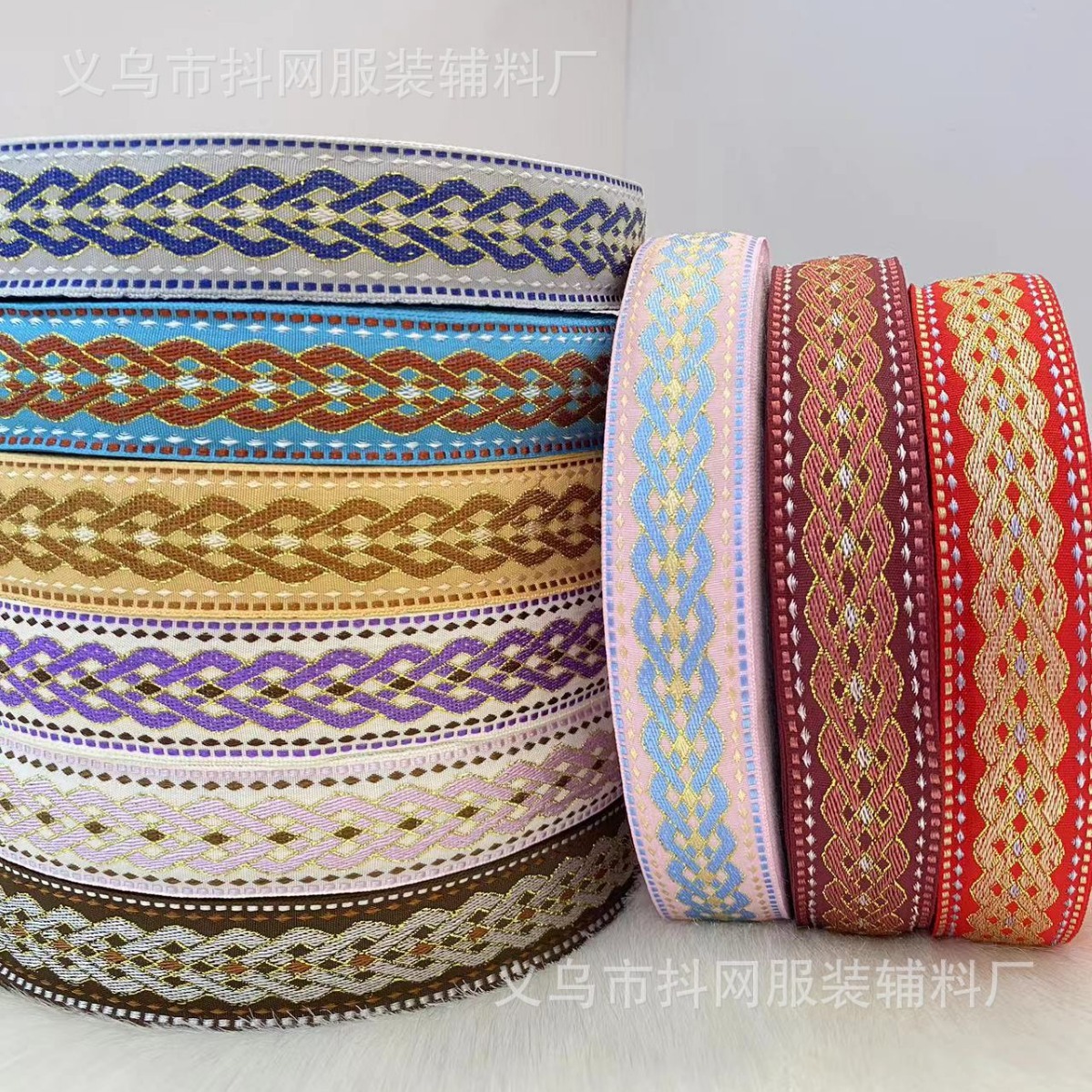 3cm Ethnic-style embroidered jacquard diamond-shaped webbing DIY nylon bow headwear lace clothing, retro ethnic style