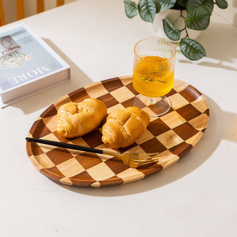 Wholesale of 2025 new checkerboard wooden tray, home light luxury dessert, bread, Western plate, and love wooden tea tray details Picture