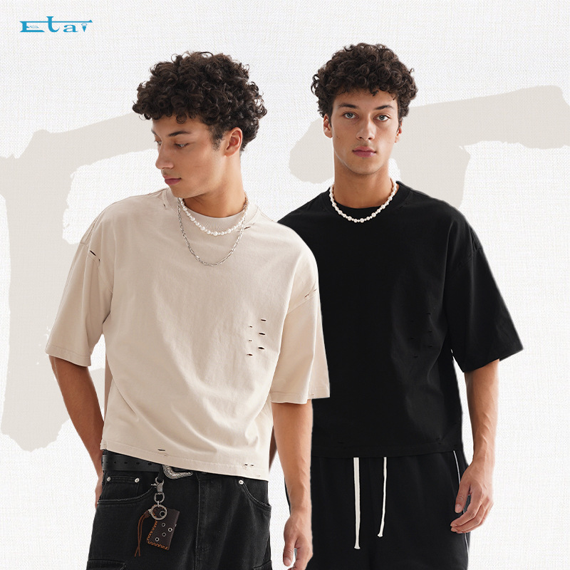 ETAI Men's Wear: American street trend retro polished solid color men's T-shirt, high-quality and heavyweight 100% cotton short wide short-sleeved