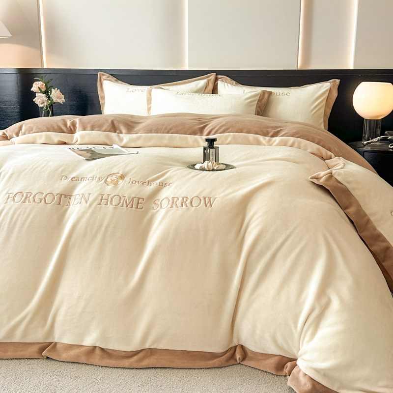 New autumn and winter milk velvet embroidered four-piece set, thickened and warm student dormitory home bed sheets, duvet covers and bedding details Picture