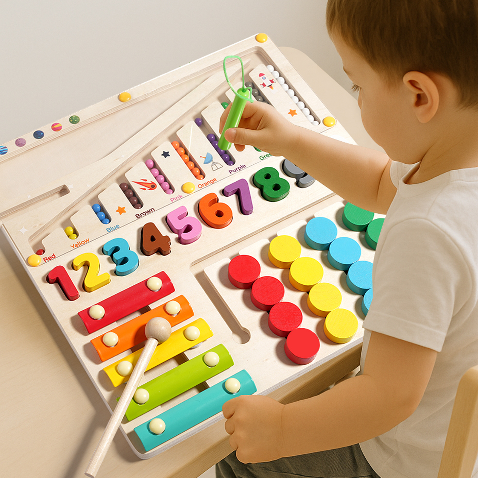 A wooden four-in-one multi-functional board for children, magnetic pen movement and positioning game, logical thinking training and educational toy details Picture