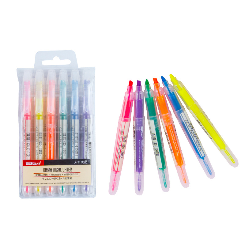 Small wholesale of Tianfeng Double-headed Highlighters 2230 double-headed single-color highlighters, 6 pens per bag Item Picture