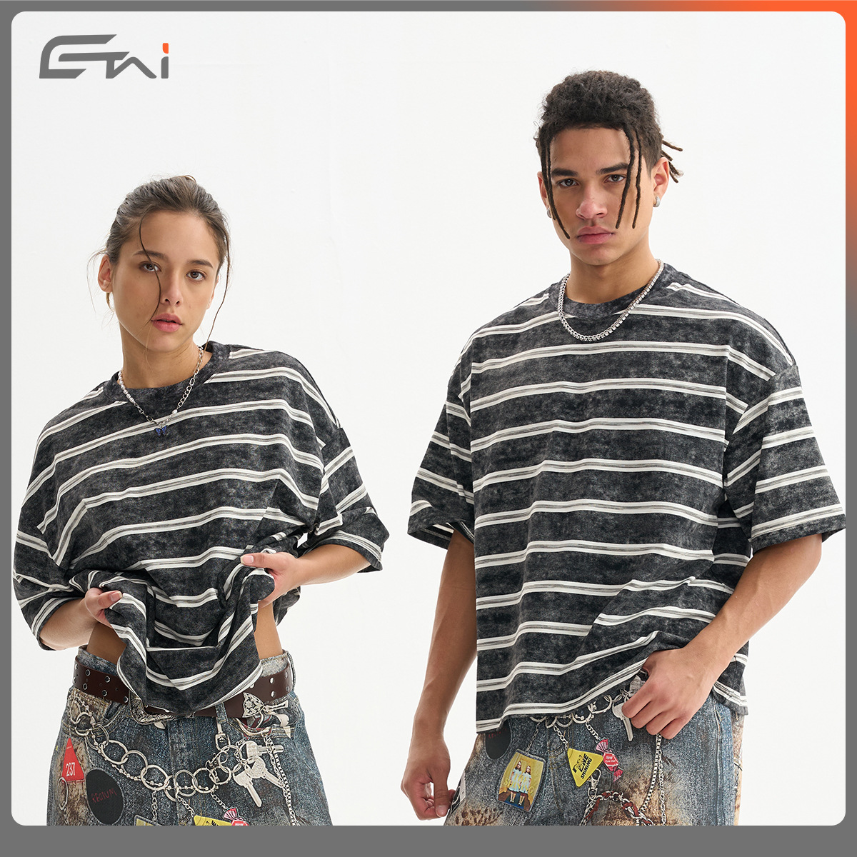 ETAI men's fashion brand summer short-sleeved retro striped T-shirt, short and loose style, casual and versatile